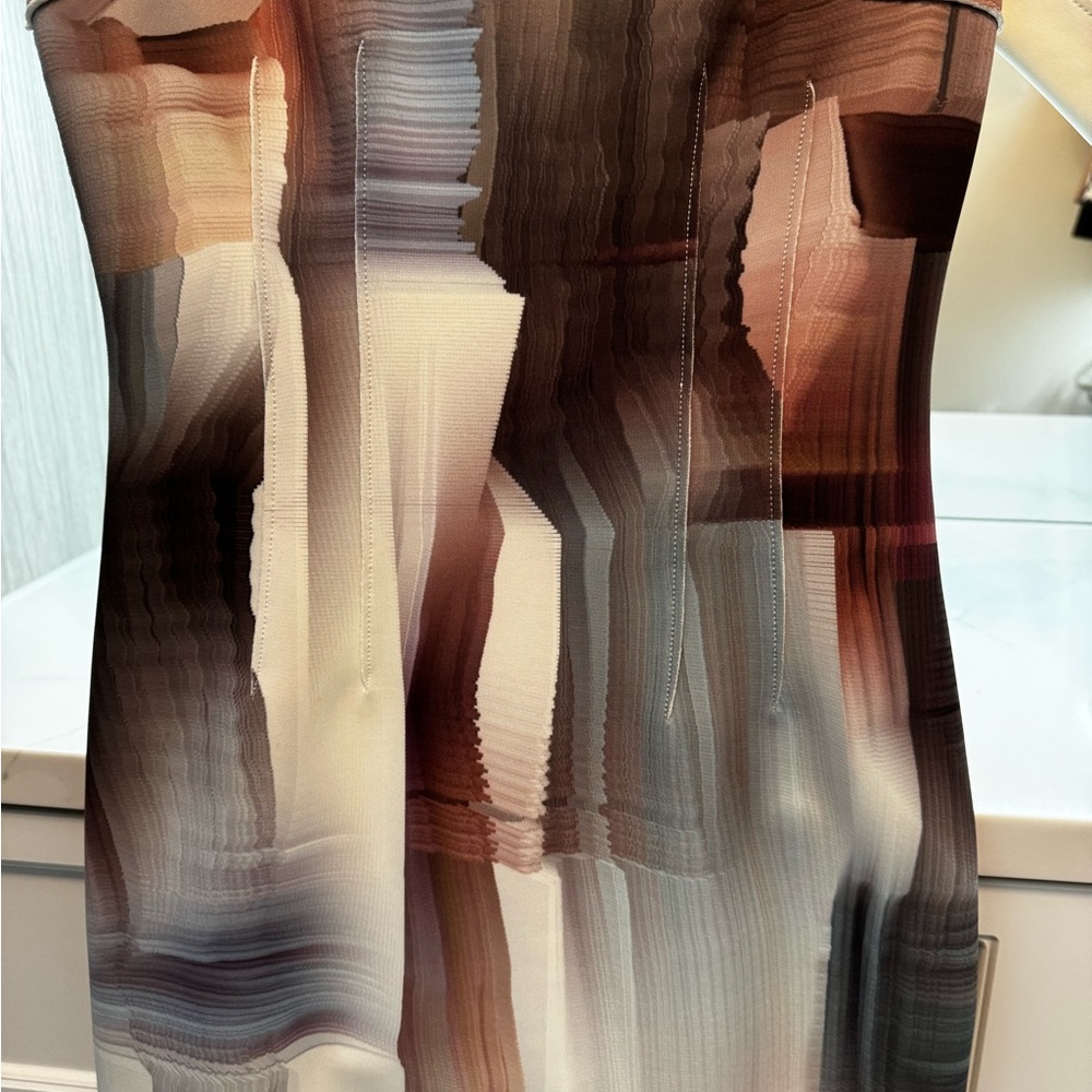 Elie Tahari Cream, Brown and Auburn Abstract Midi Dress. Size XS. - Picture 5 of 9